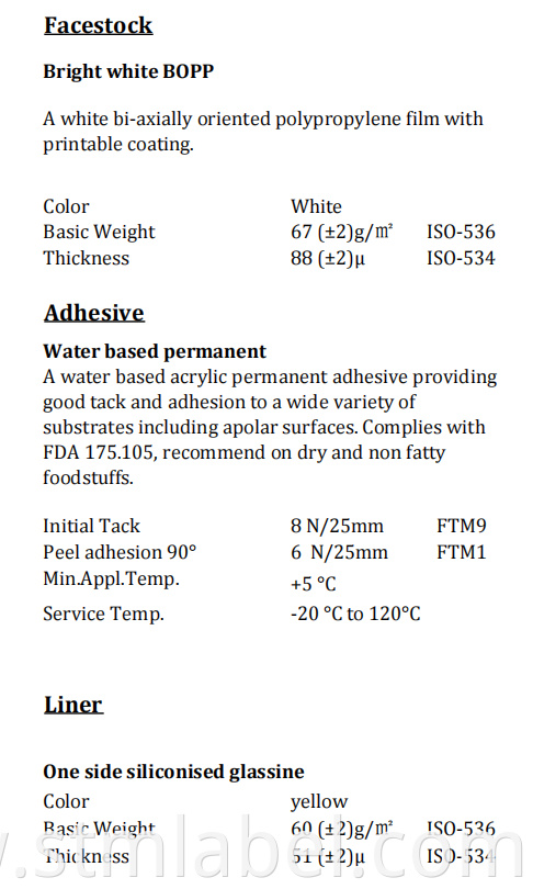 Bright White Bopp Water Based Permanent Yellow Glassine